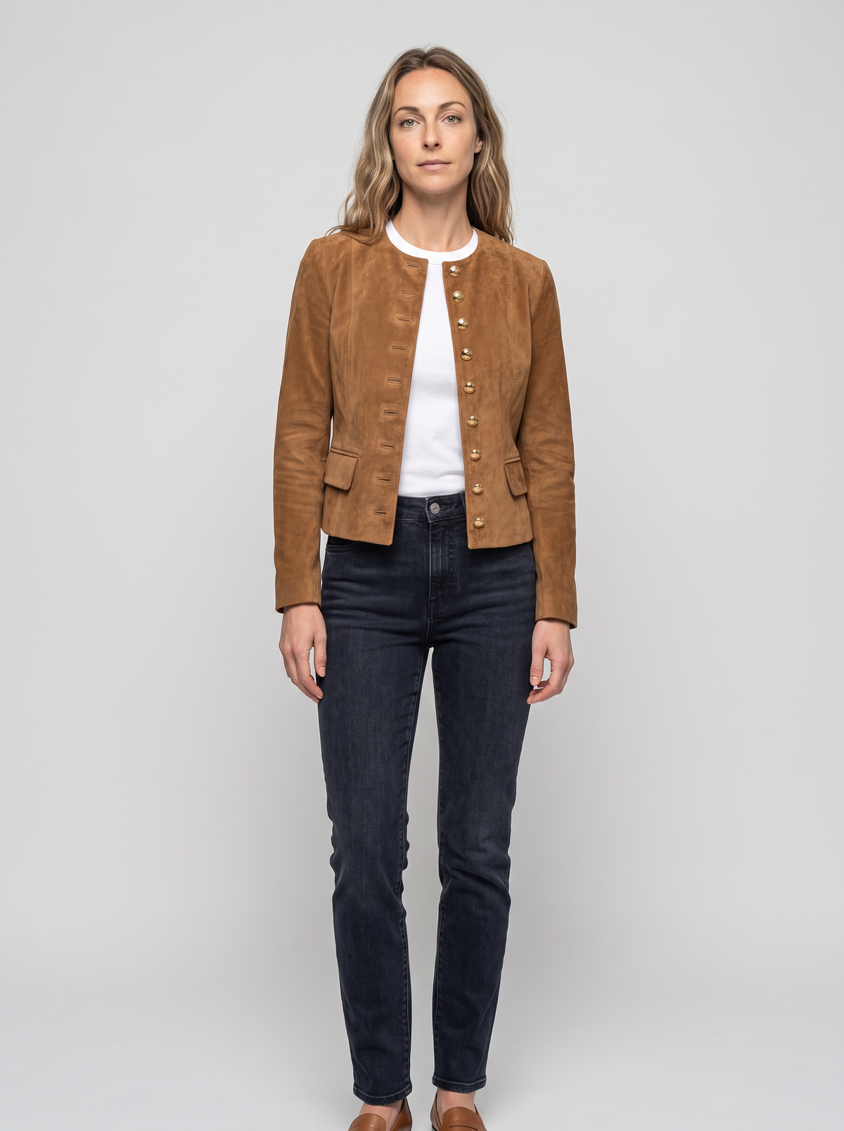 Suede-Look Jacket with Gold Buttons and Collarless Neckline in Tan