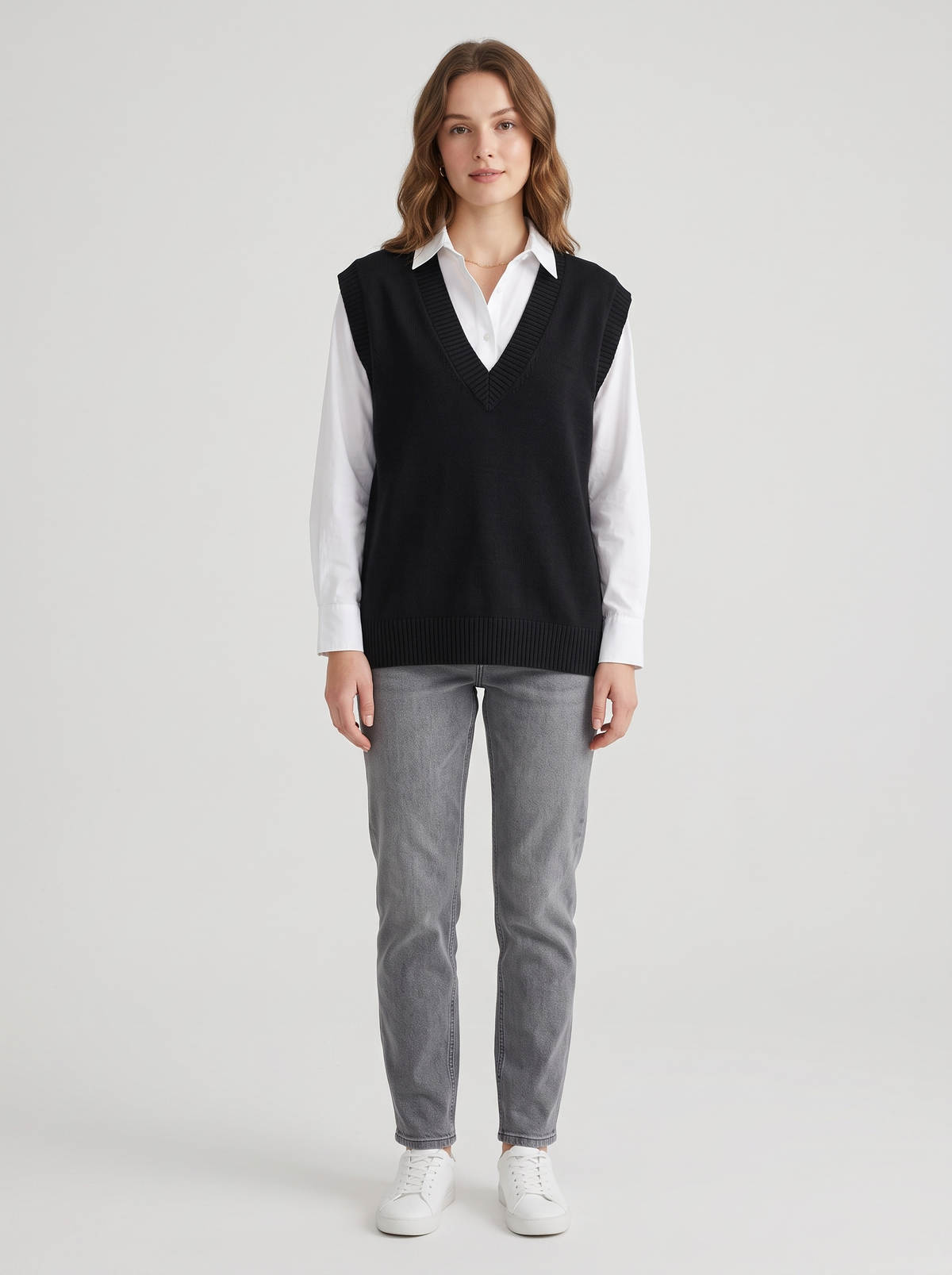 Relaxed Knit Sweater Vest with Deep V-Neck in Black