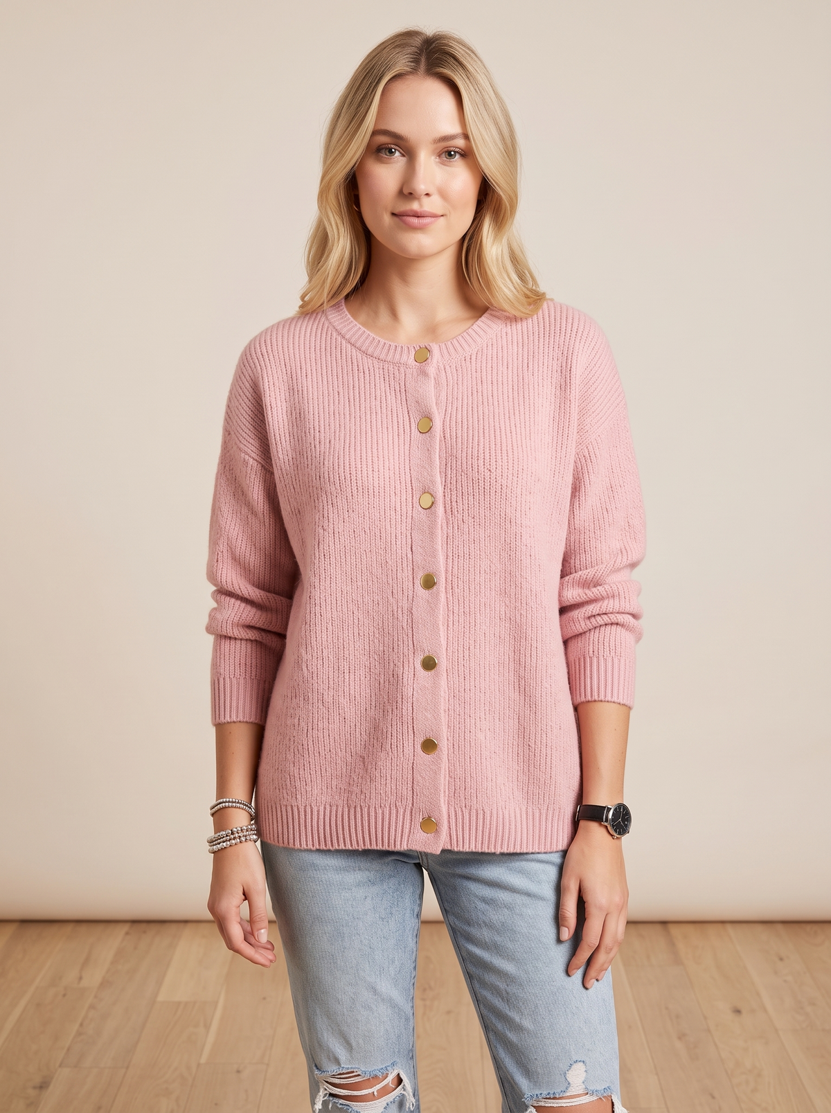 Relaxed Knit Cardigan with Gold Snap Buttons in Pink