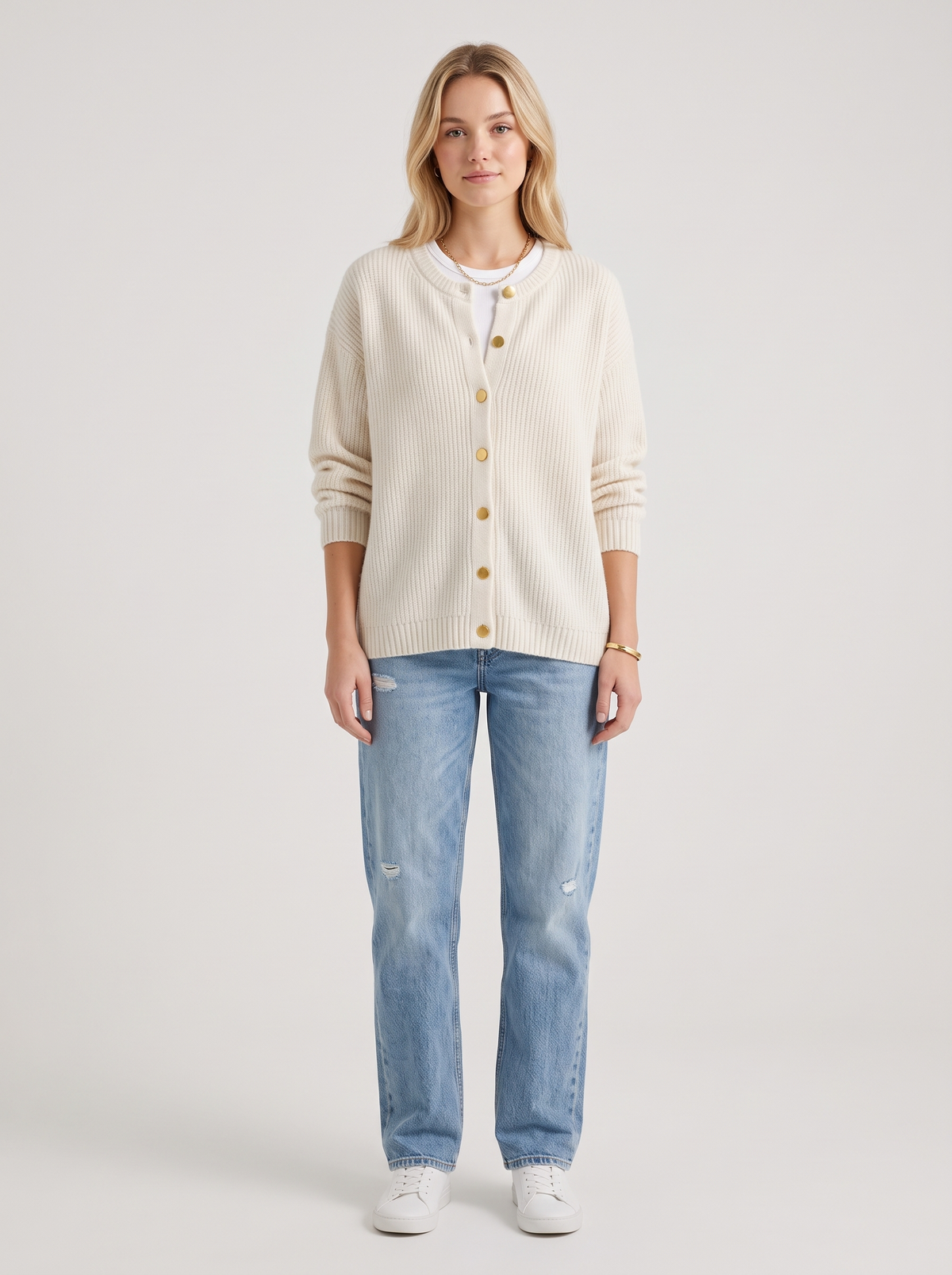 Relaxed Knit Cardigan with Gold Snap Buttons in Beige