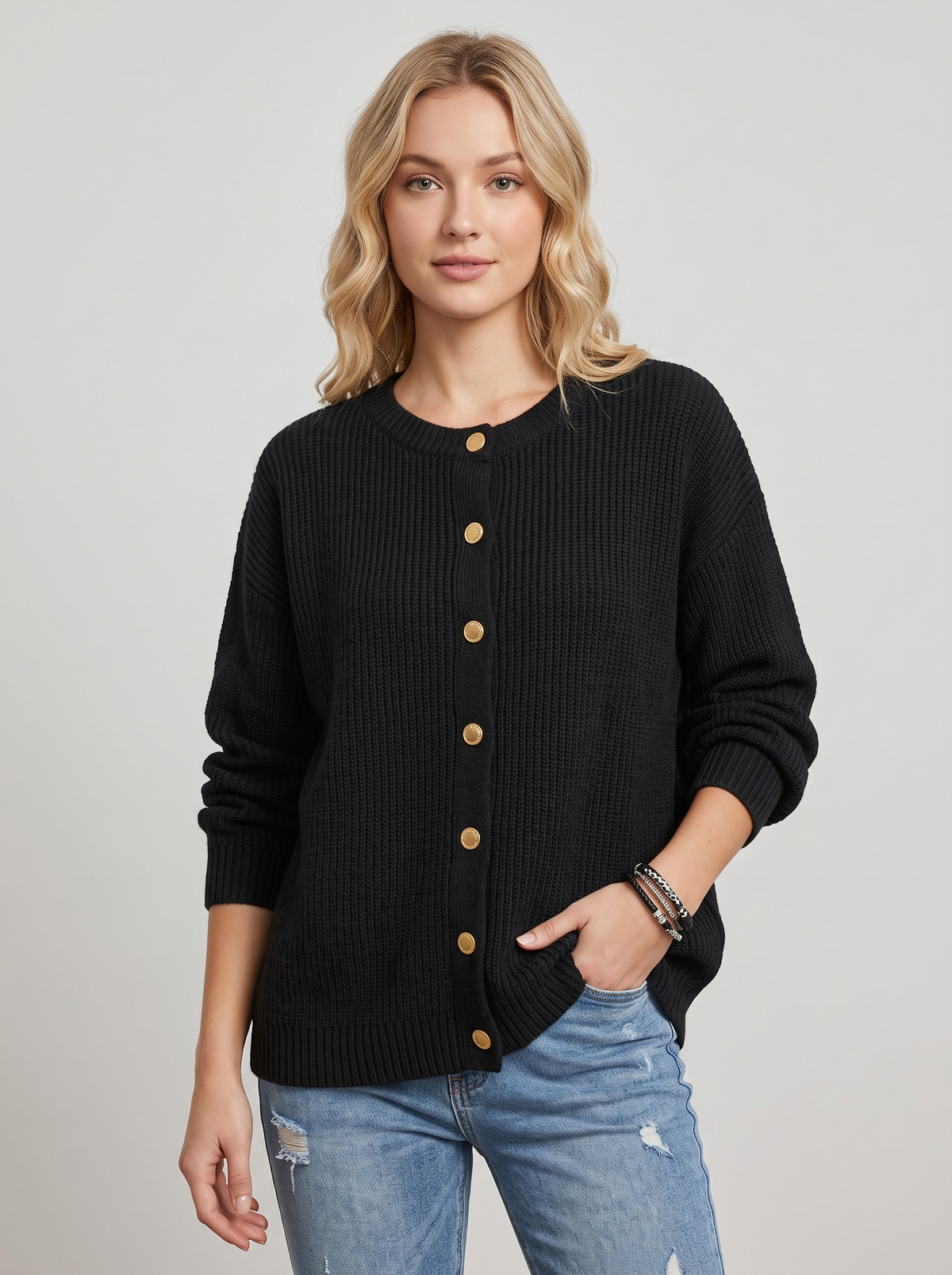 Relaxed Knit Cardigan with Gold Snap Buttons in Black