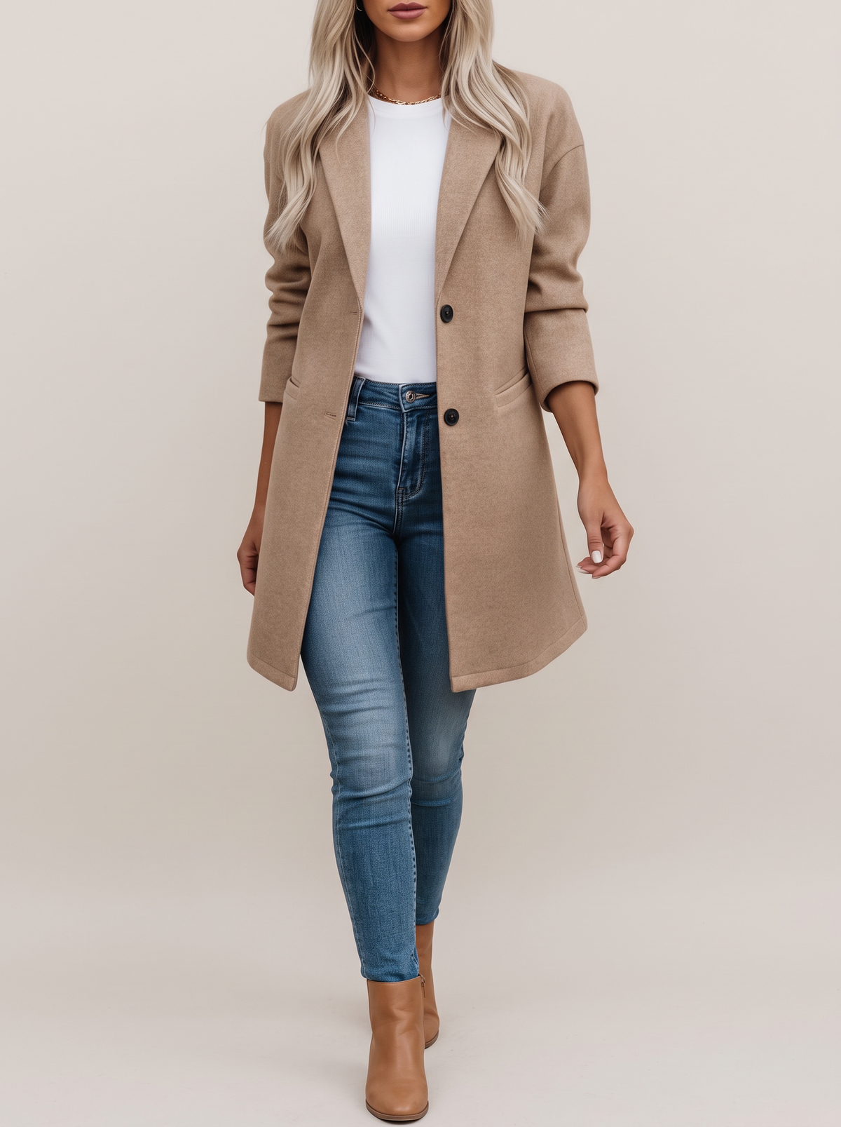 Long Blazer with Wide Lapel and Front Pockets in Khaki