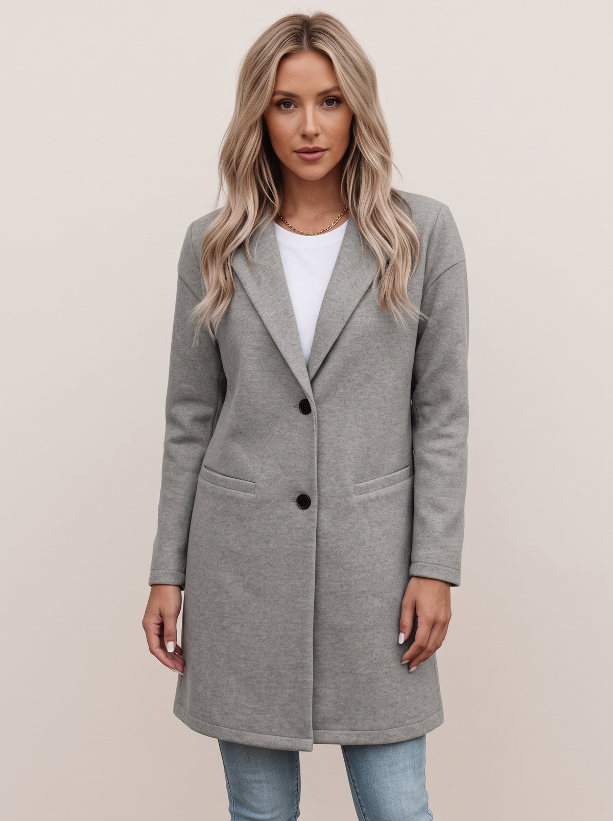 Long Blazer with Wide Lapel and Front Pockets in Grey