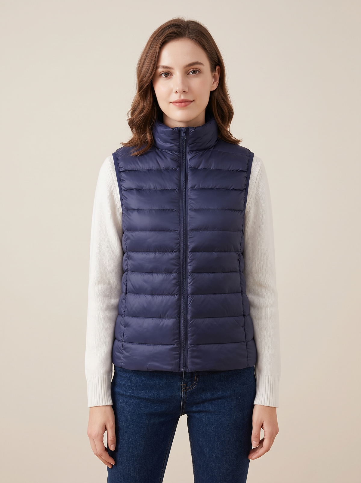 Lightweight Padded Gilet with Stand Collar in Navy Blue