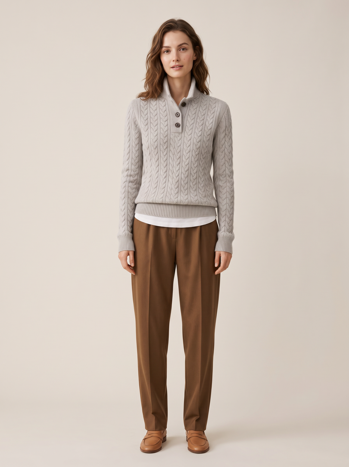 Cable Knit Jumper with Button Neck in Grey