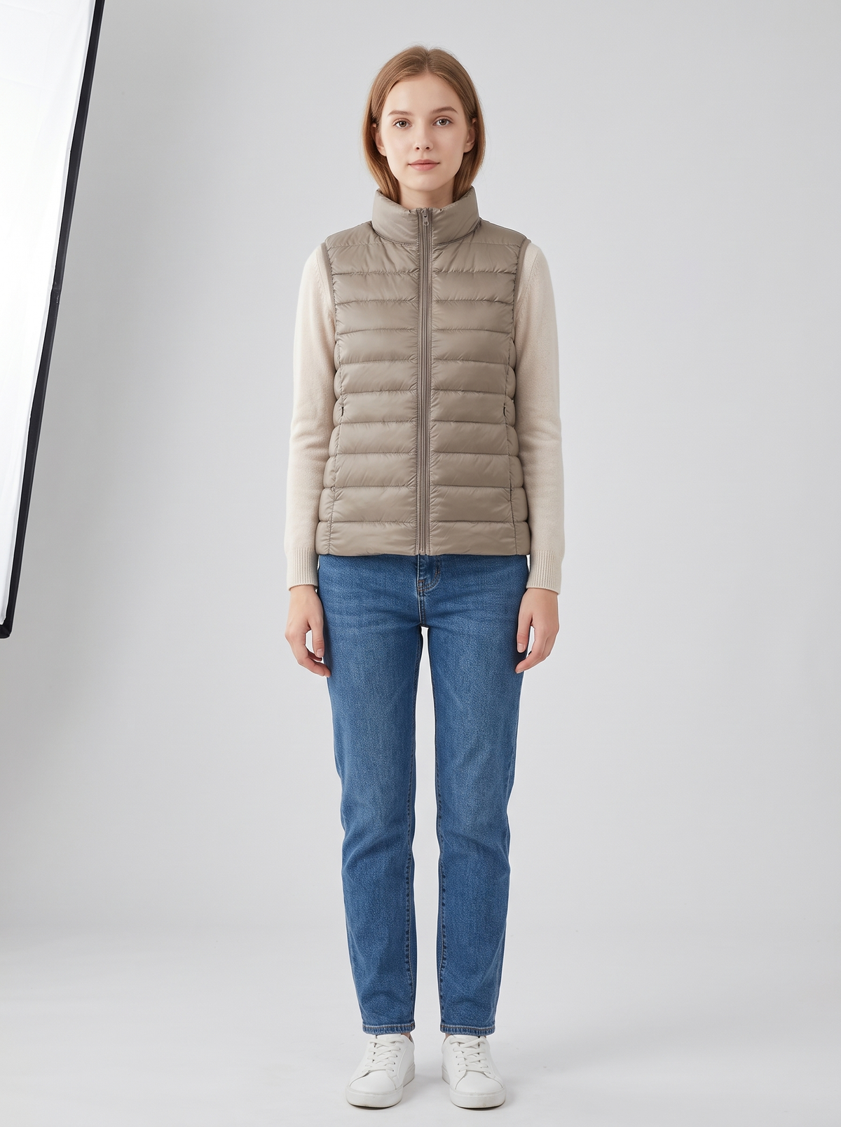 Lightweight Padded Gilet with Stand Collar in Khaki
