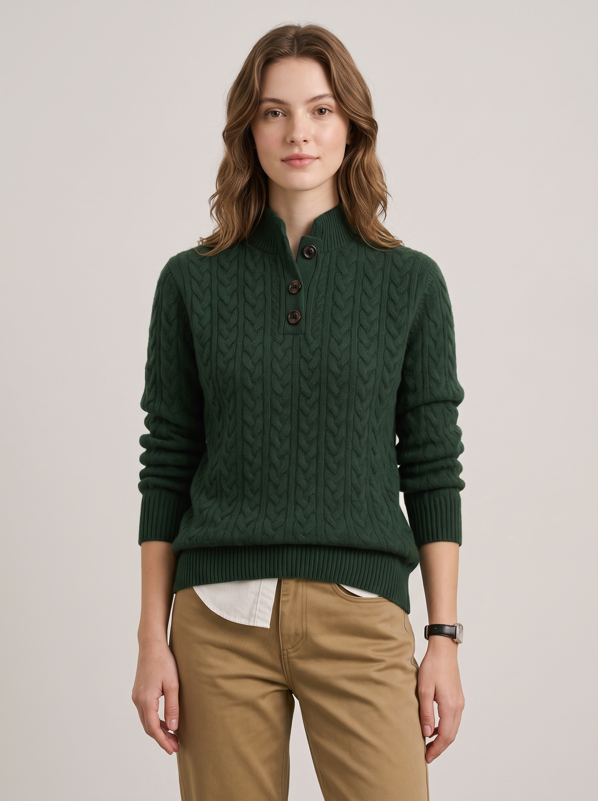 Cable Knit Jumper with Button Neck in Dark Green