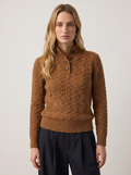 Cable Knit Jumper with Button Neck in Rust Brown