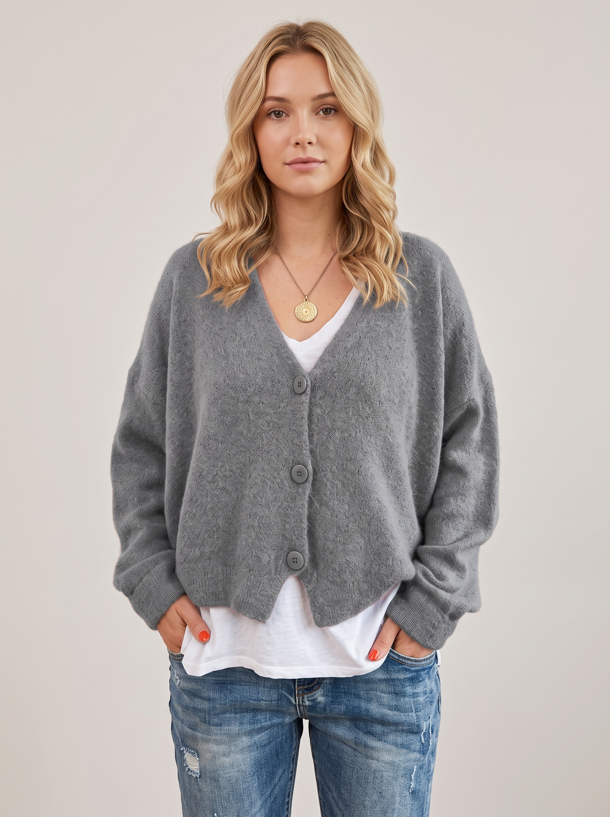 Cropped V-Neck Button Cardigan in Grey