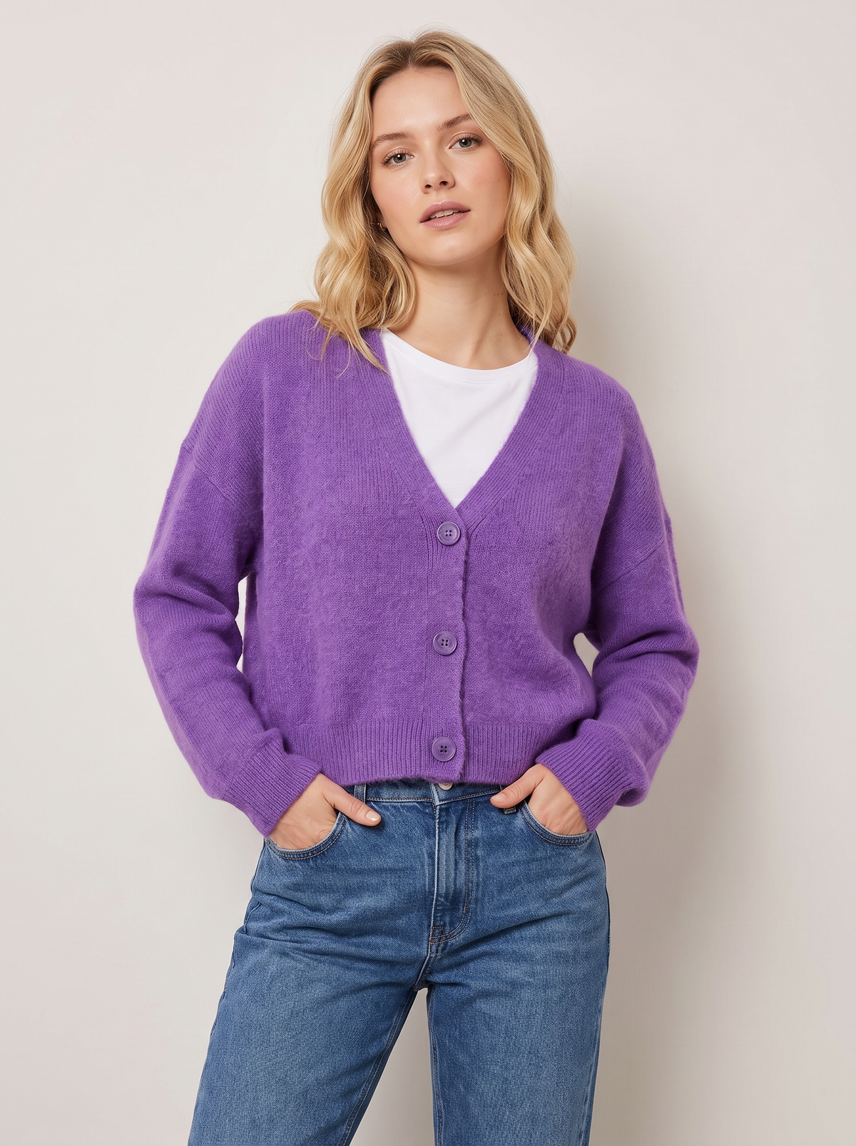 Cropped V-Neck Button Cardigan in Purple
