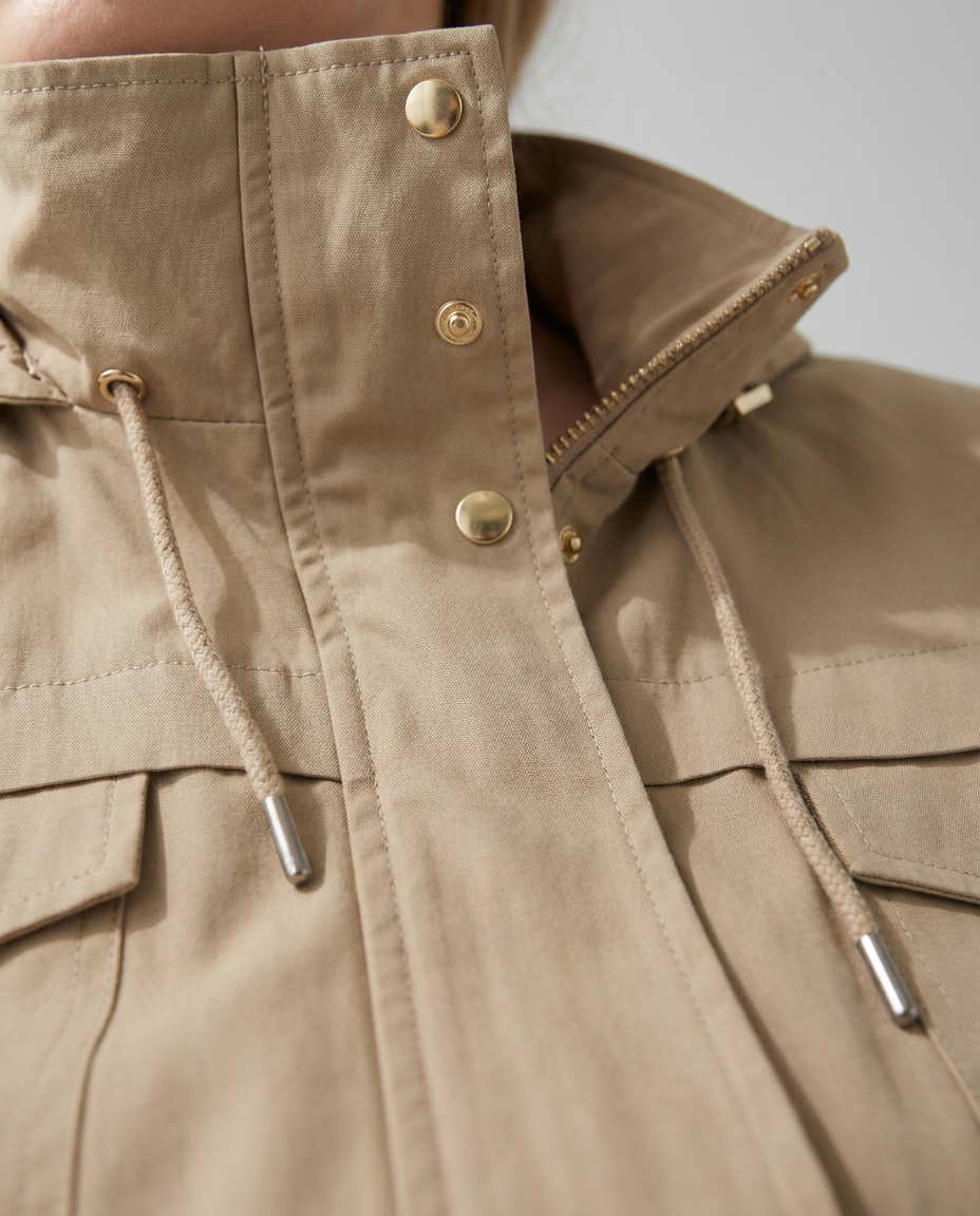 Drawstring Waist Utility Jacket with Flap Pockets - close-up of the fabric and detail