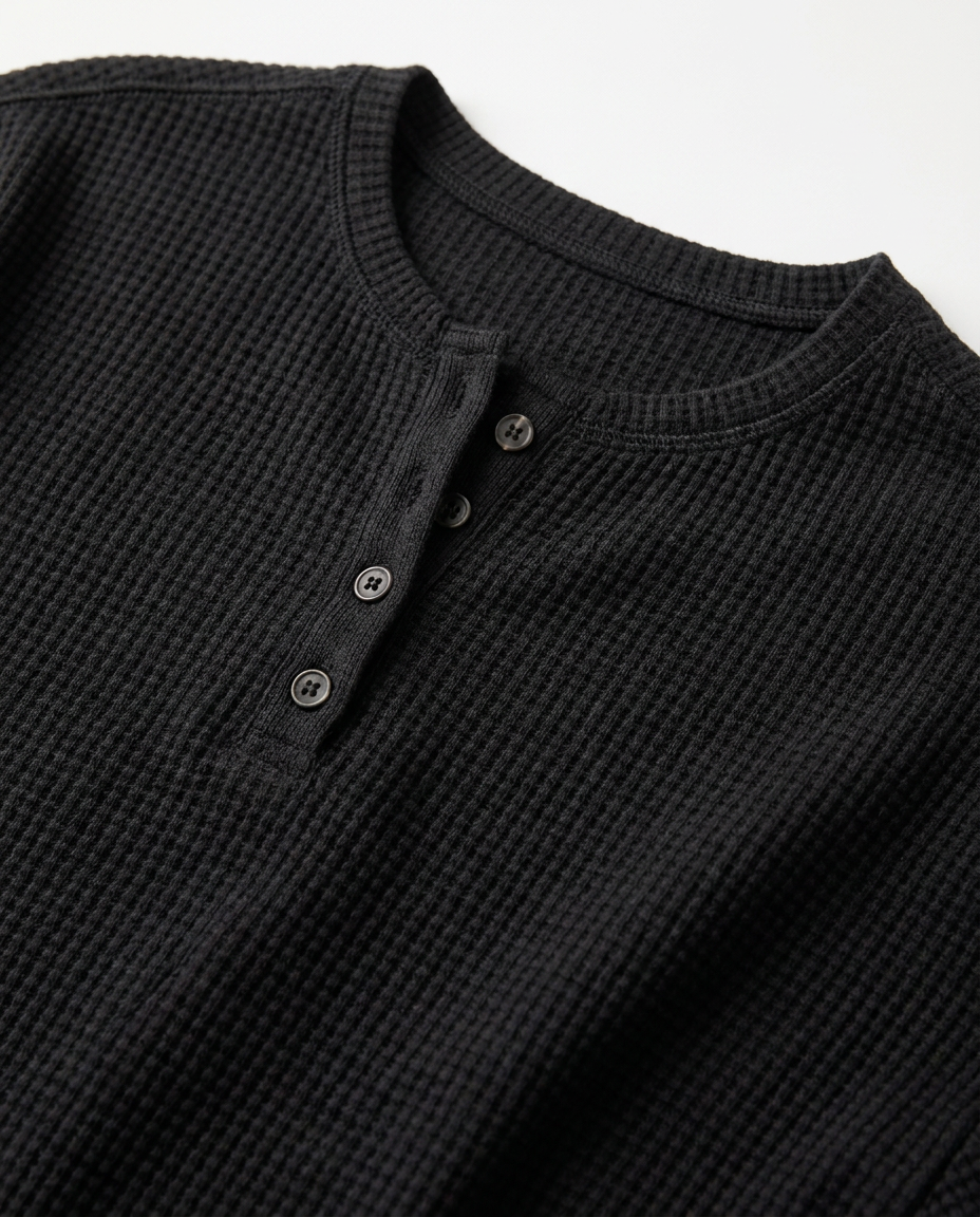 Waffle Knit Henley Sweatshirt with Drop Shoulders - close-up of the fabric and detail