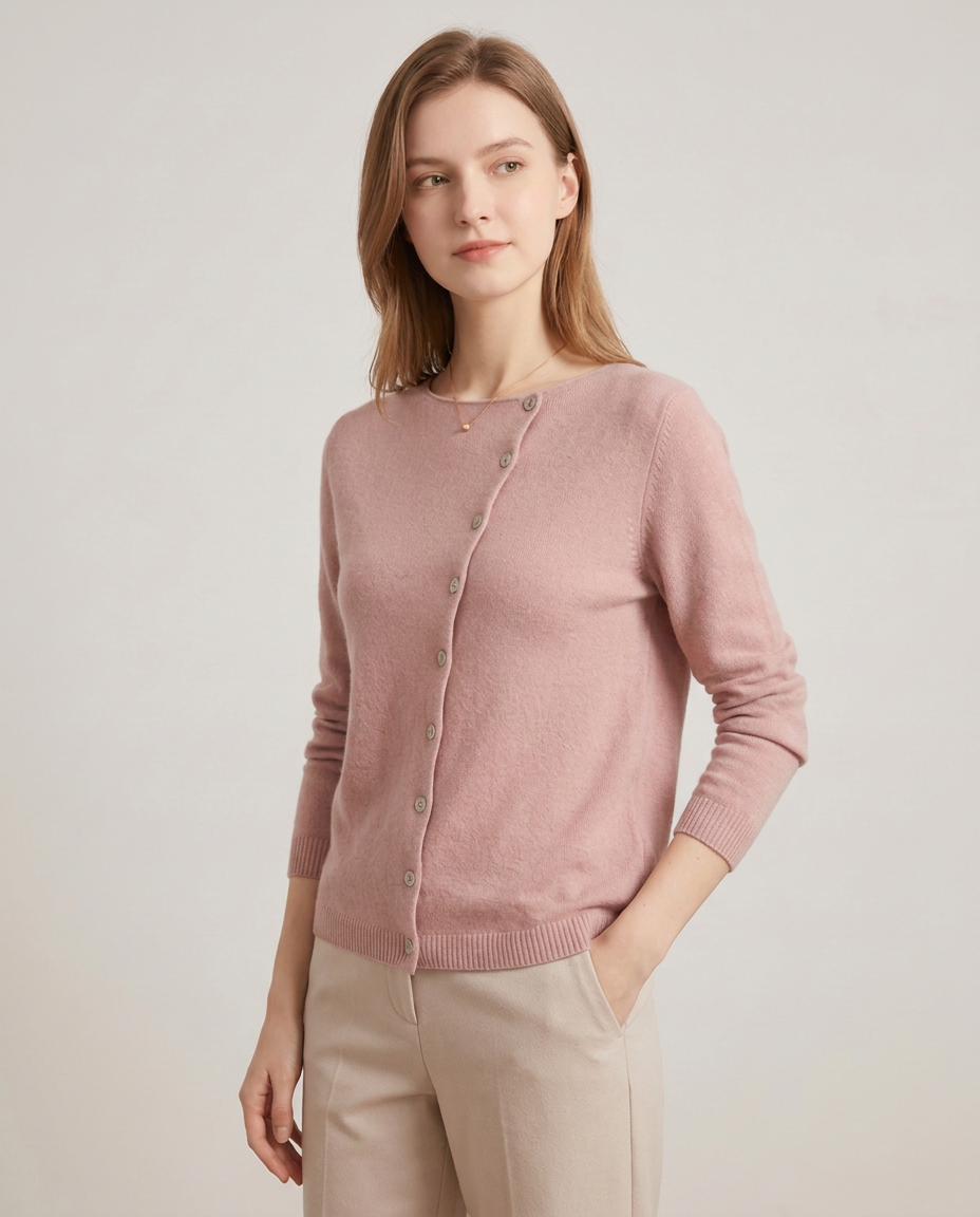 Asymmetric Button Cardigan with Scoop Neckline - three-quarter view