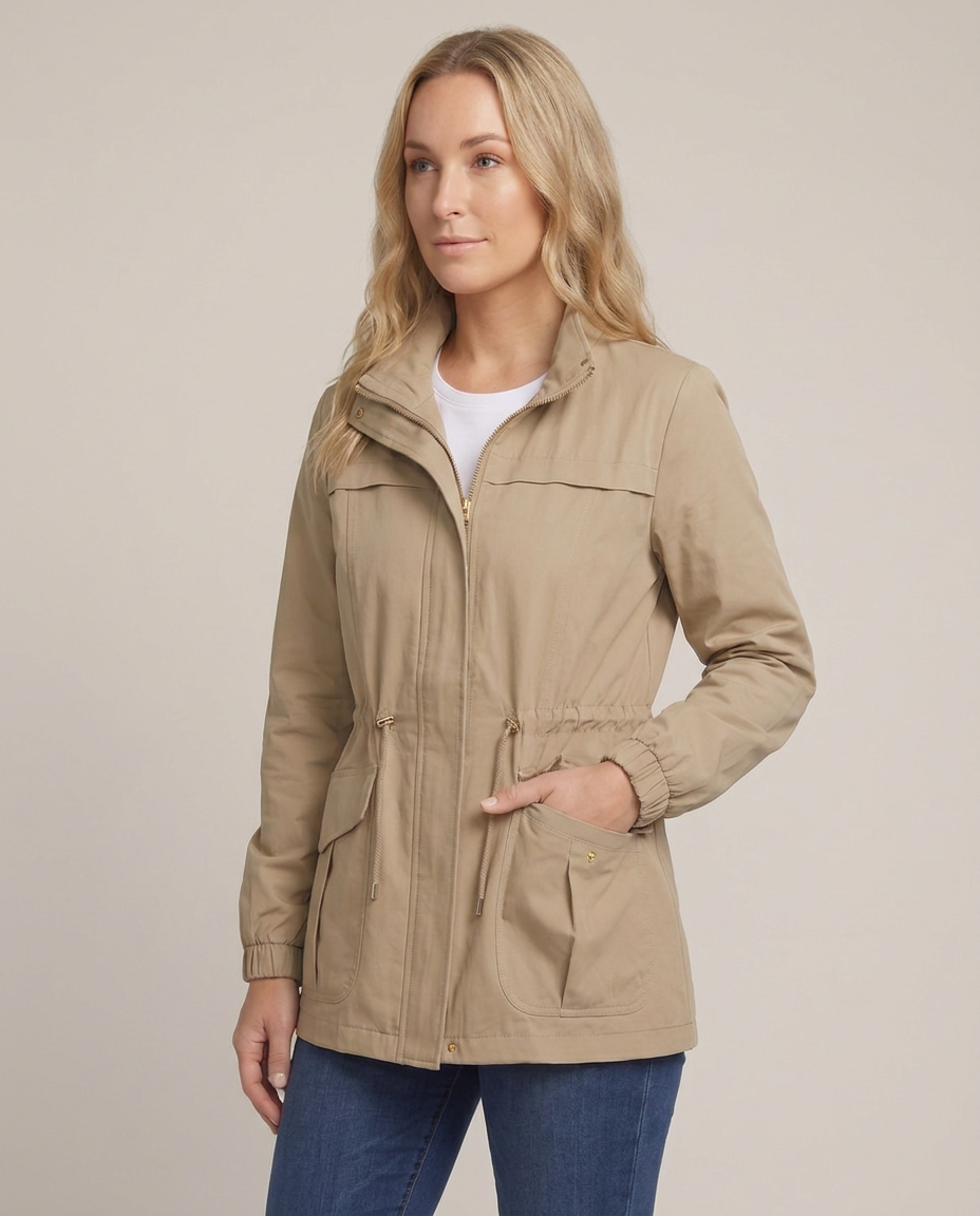 Drawstring Waist Utility Jacket with Flap Pockets - three-quarter view