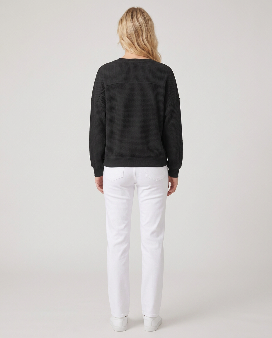 Waffle Knit Henley Sweatshirt with Drop Shoulders - back view