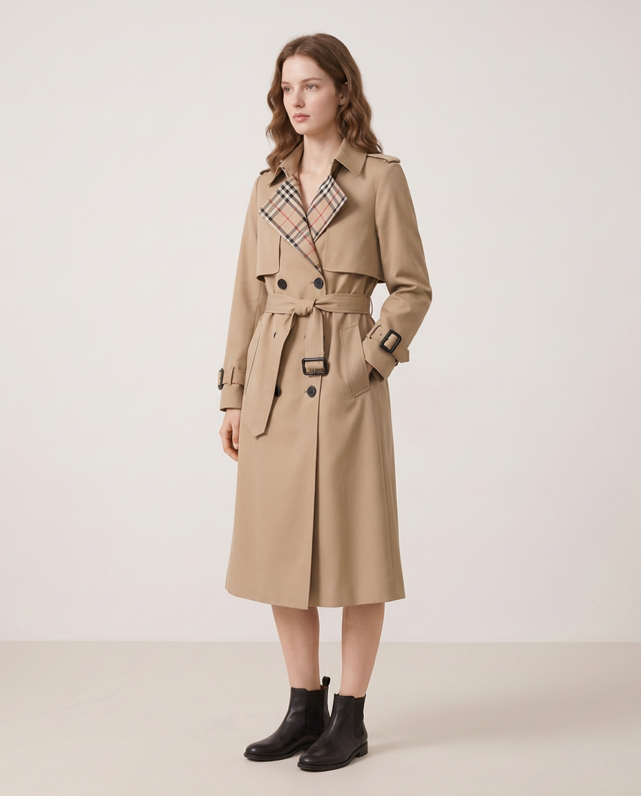 Double-Breasted Belted Trench Coat with Check Lining - three-quarter view