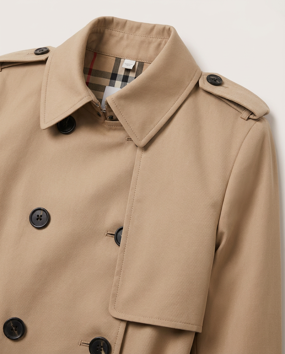 Double-Breasted Belted Trench Coat with Check Lining - close-up of the fabric and detail