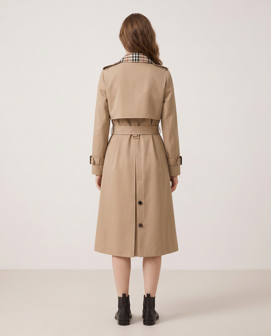 Double-Breasted Belted Trench Coat with Check Lining - back view