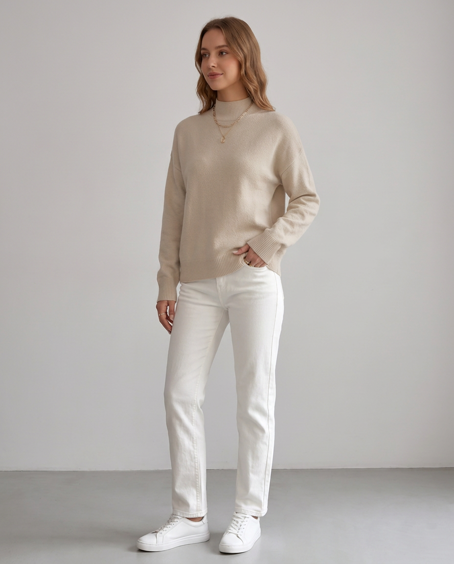 Relaxed Mock Neck Jumper with Ribbed Cuffs - three-quarter view