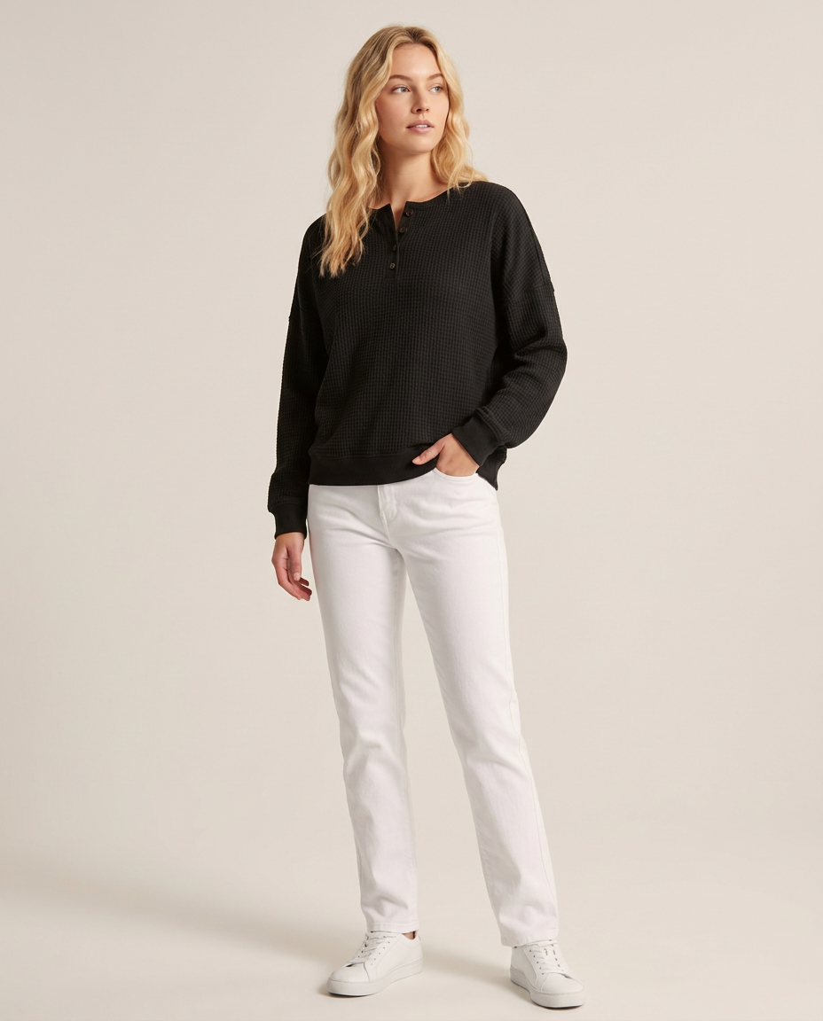 Waffle Knit Henley Sweatshirt with Drop Shoulders - three-quarter view