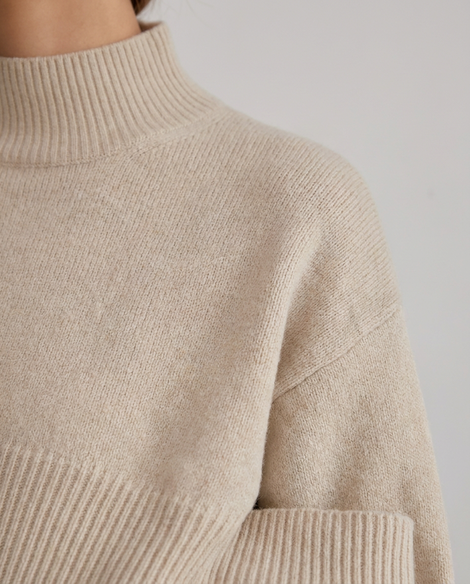 Relaxed Mock Neck Jumper with Ribbed Cuffs - close-up of the fabric and detail