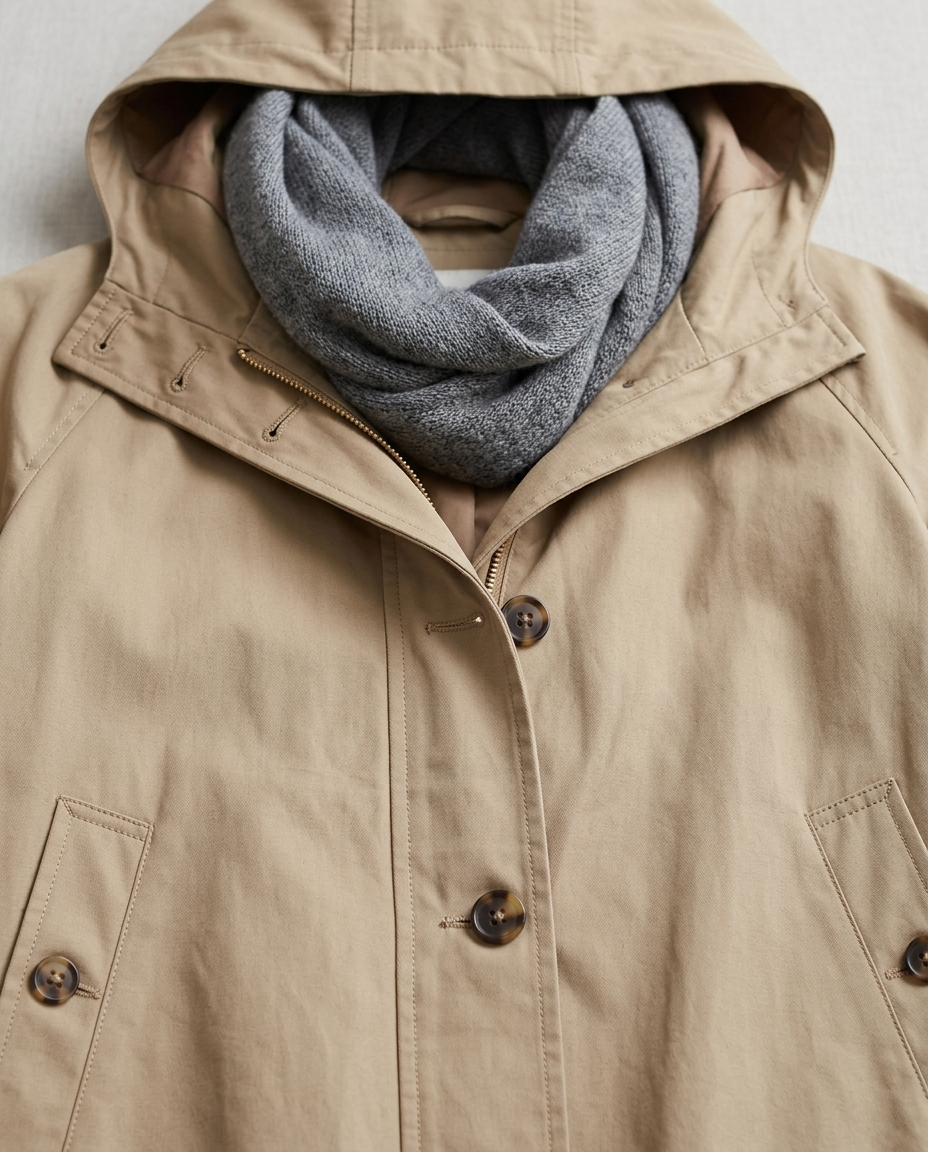 Oversized Hooded Long Trench Coat with Drawstring Collar - close-up of the fabric and detail