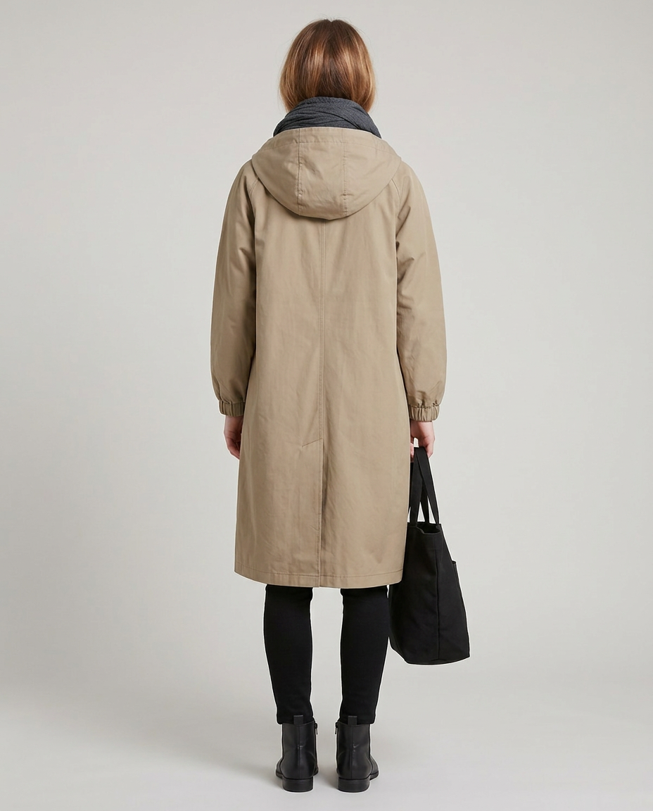 Oversized Hooded Long Trench Coat with Drawstring Collar - back view
