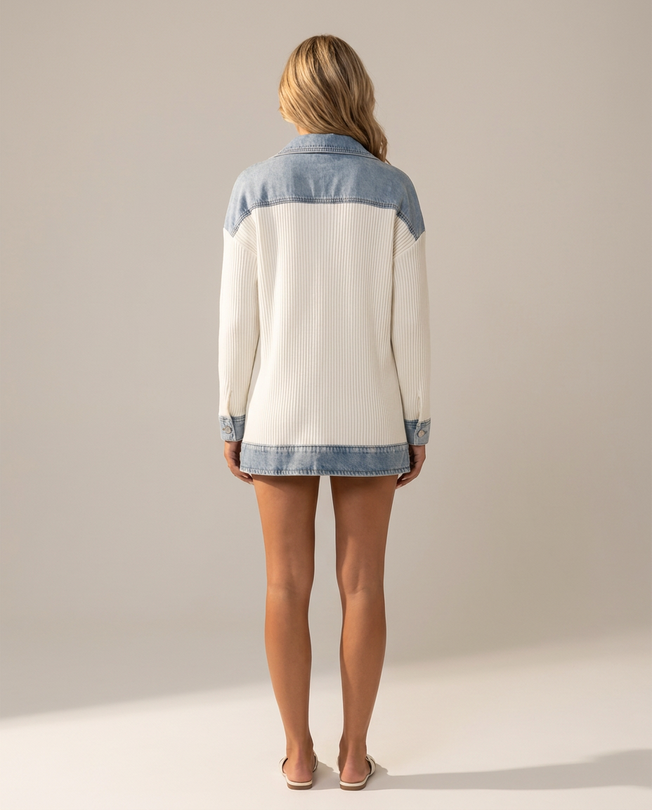 Ribbed Knit Cardigan Jacket with Denim Collar - back view