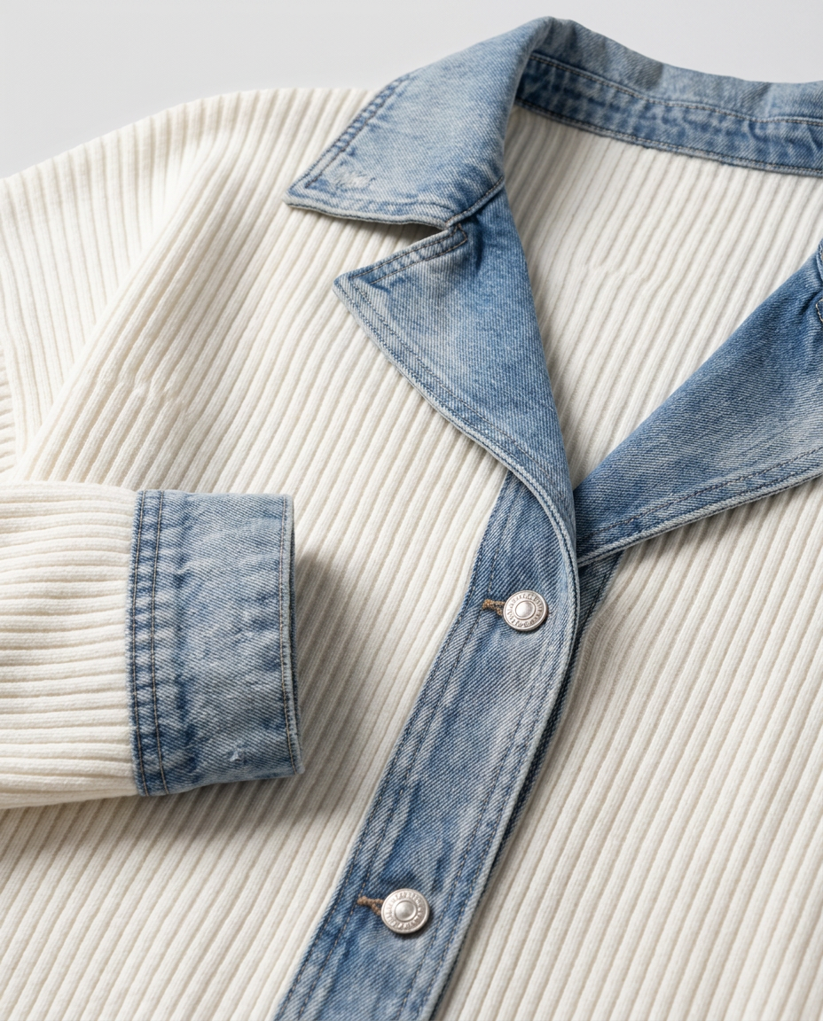 Ribbed Knit Cardigan Jacket with Denim Collar - close-up of the fabric and detail