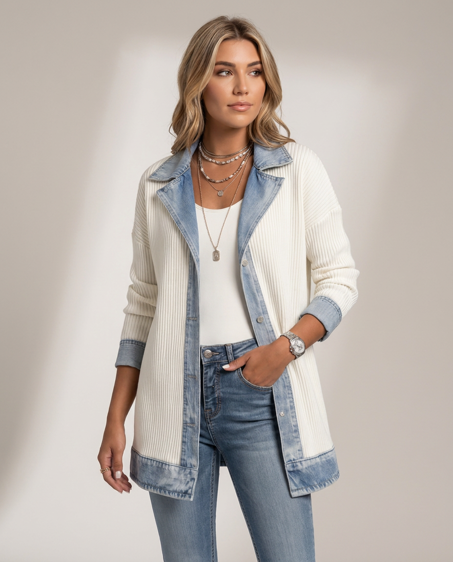 Ribbed Knit Cardigan Jacket with Denim Collar - three-quarter view