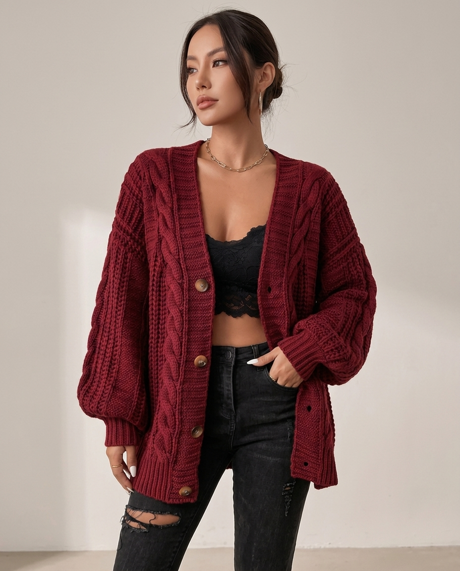 Chunky Cable Knit Cardigan with Balloon Sleeves - three-quarter view