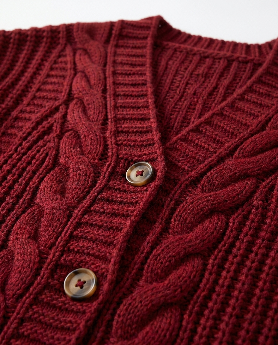 Chunky Cable Knit Cardigan with Balloon Sleeves - close-up of the fabric and detail