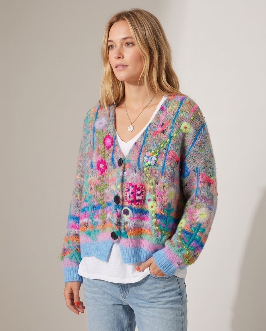 Floral Embroidered Knit Cardigan with V-Neck - three-quarter view