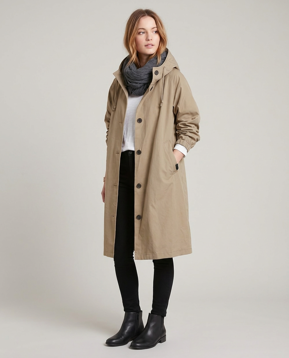 Oversized Hooded Long Trench Coat with Drawstring Collar - three-quarter view