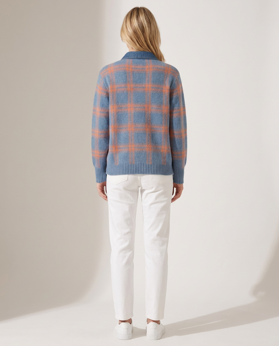 Oversized Check Knit Cardigan with Shirt Collar - back view