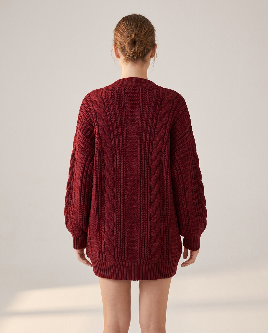Chunky Cable Knit Cardigan with Balloon Sleeves - back view