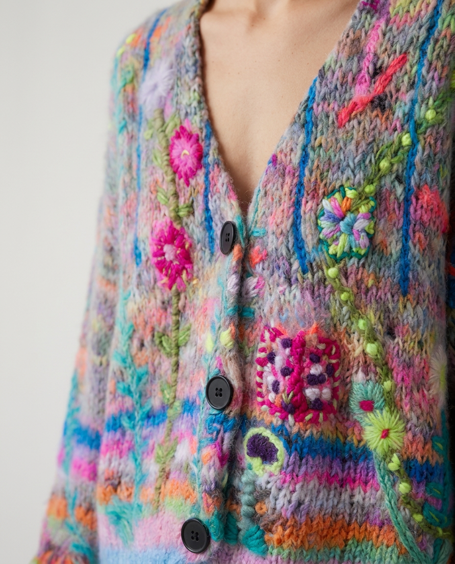 Floral Embroidered Knit Cardigan with V-Neck - close-up of the fabric and detail