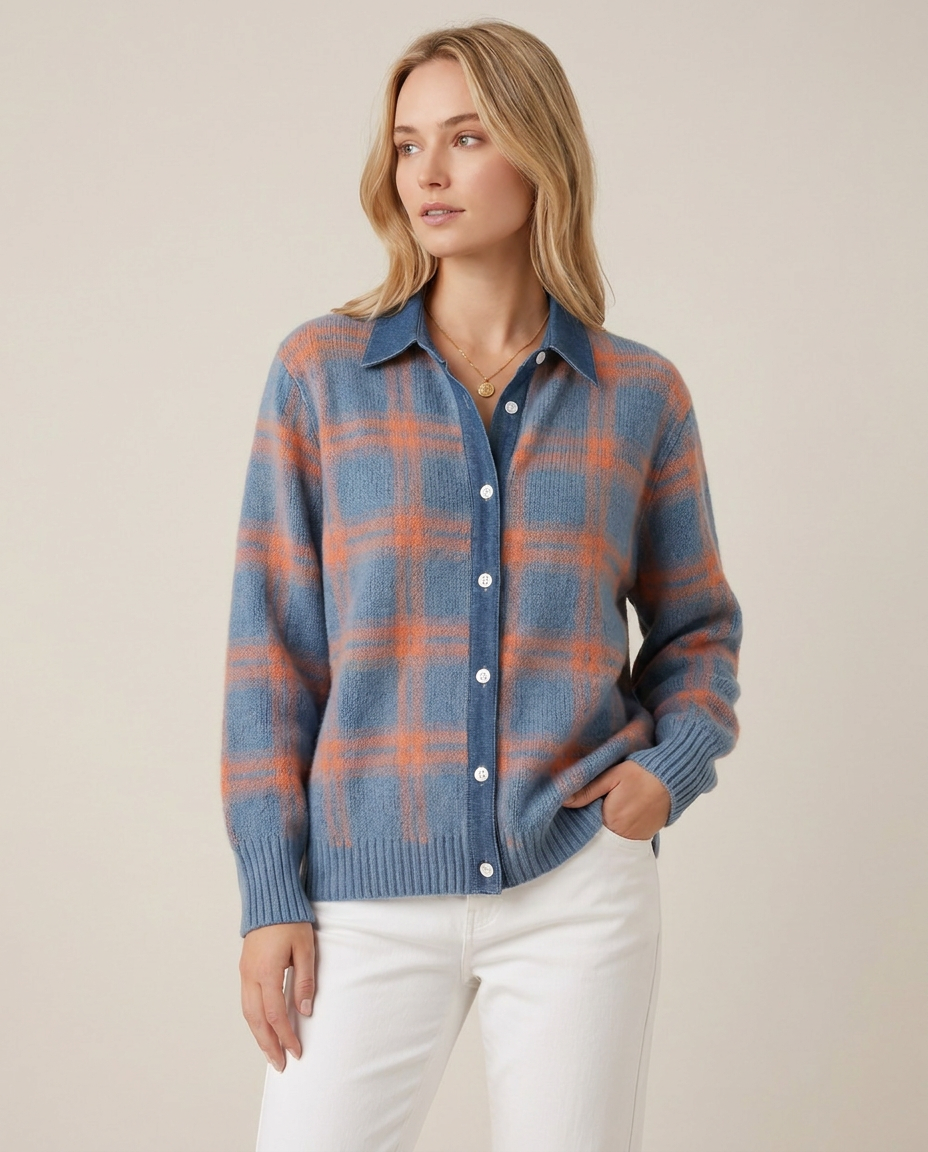 Oversized Check Knit Cardigan with Shirt Collar - three-quarter view