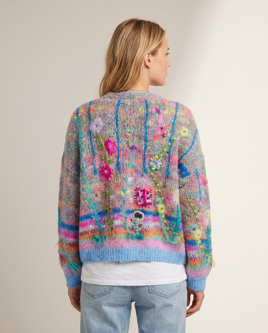 Floral Embroidered Knit Cardigan with V-Neck - back view