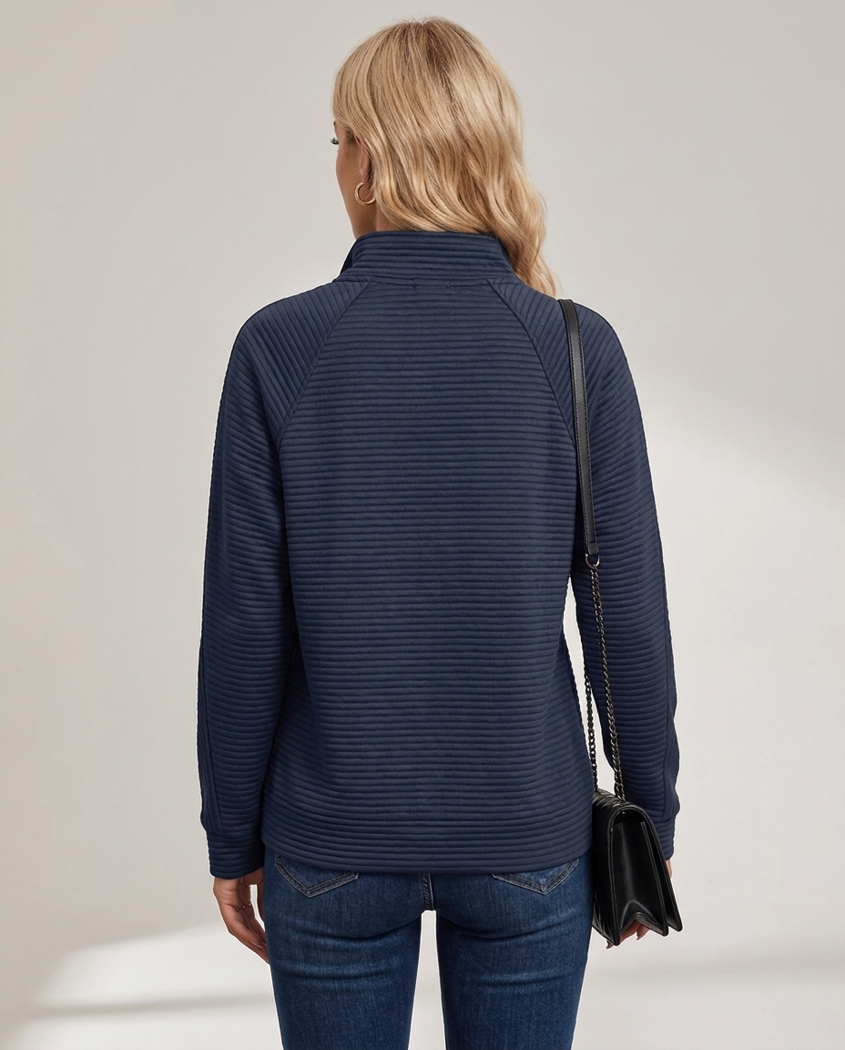 Ribbed Half-Zip Sweatshirt with Stand Collar - back view