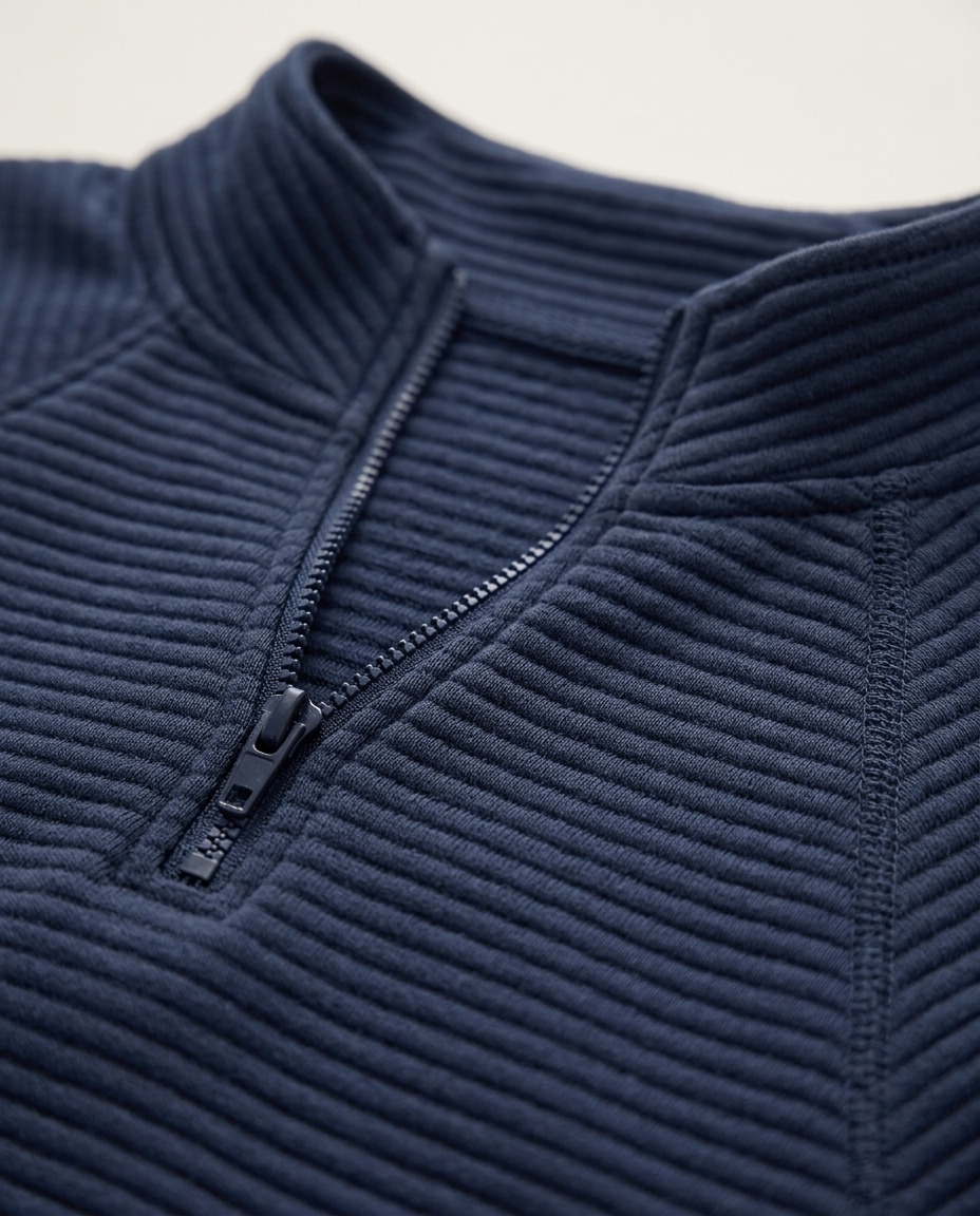 Ribbed Half-Zip Sweatshirt with Stand Collar - close-up of the fabric and detail