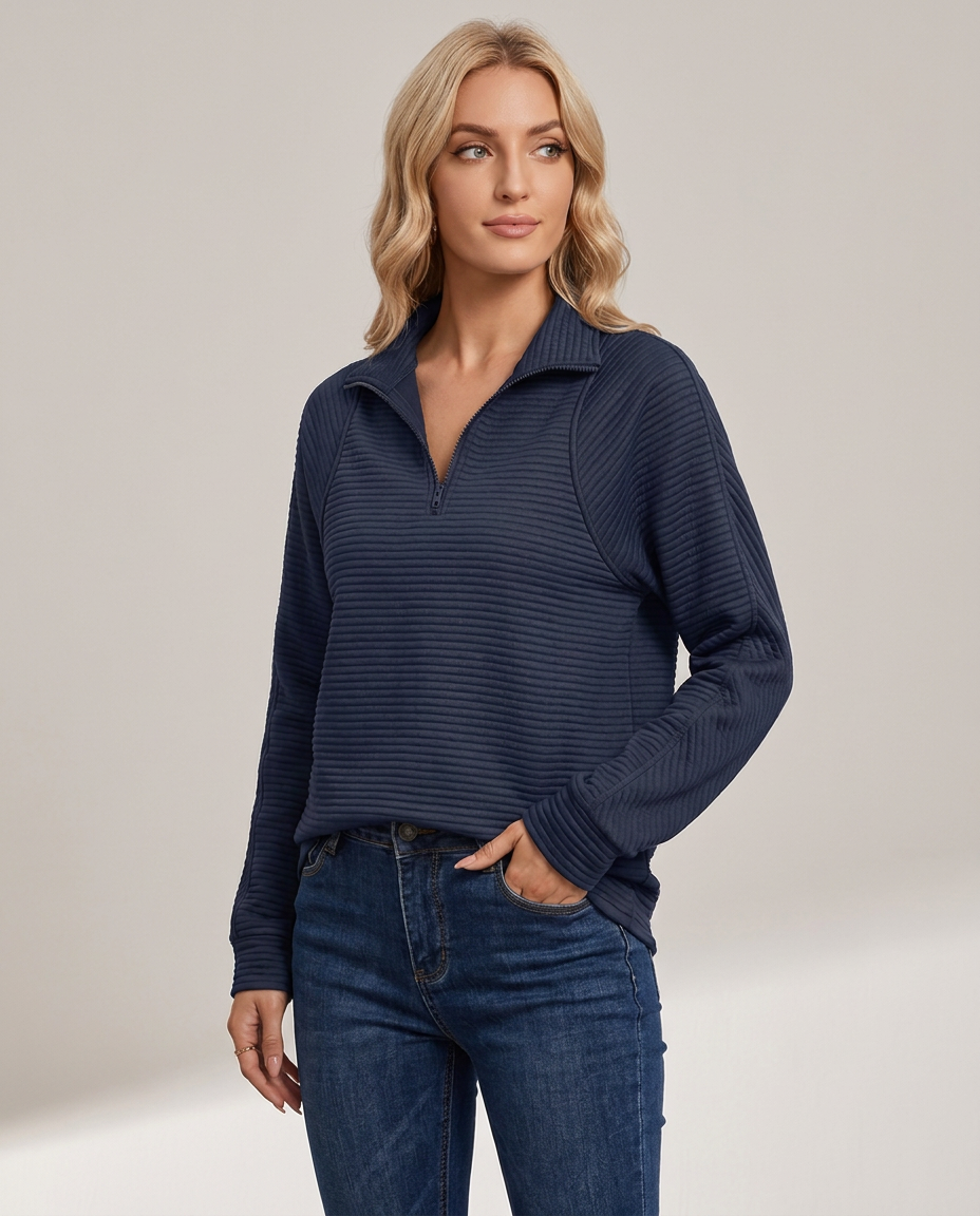 Ribbed Half-Zip Sweatshirt with Stand Collar - three-quarter view
