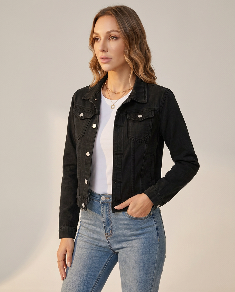 Cropped Denim Jacket with Chest Pockets - three-quarter view