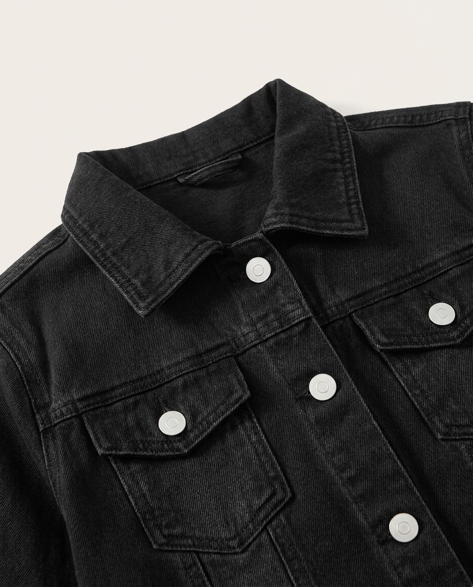 Cropped Denim Jacket with Chest Pockets - close-up of the fabric and detail