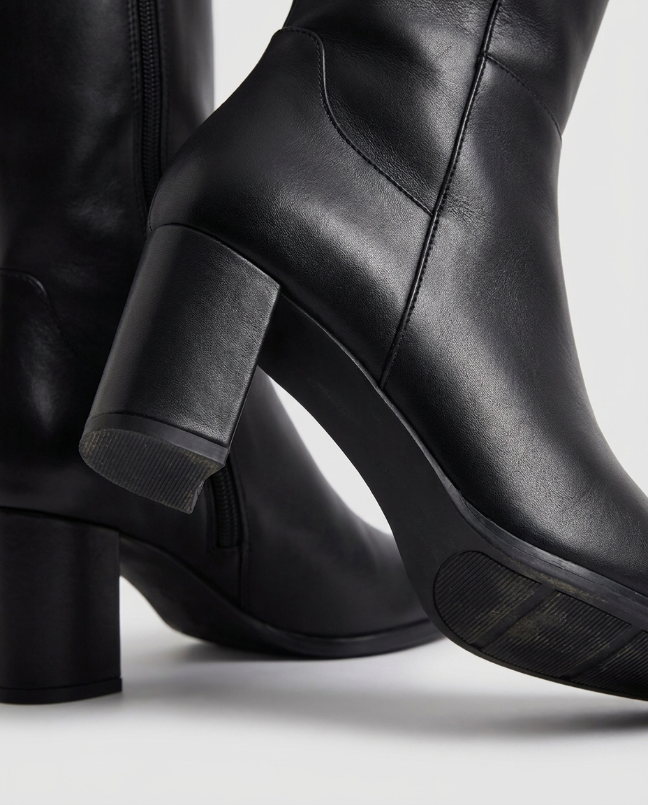Block Heel Knee-High Boots with Side Zip - close-up of the material and detail
