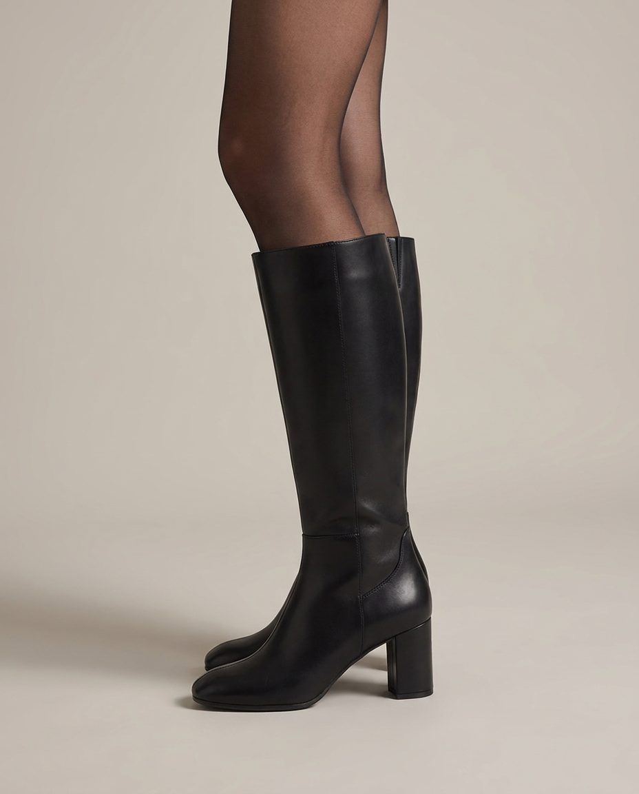 Block Heel Knee-High Boots with Side Zip - side view