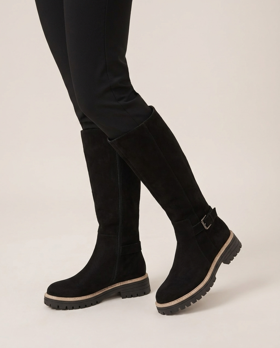 Flat Knee-High Suede-Look Boots with Lug Sole - side view