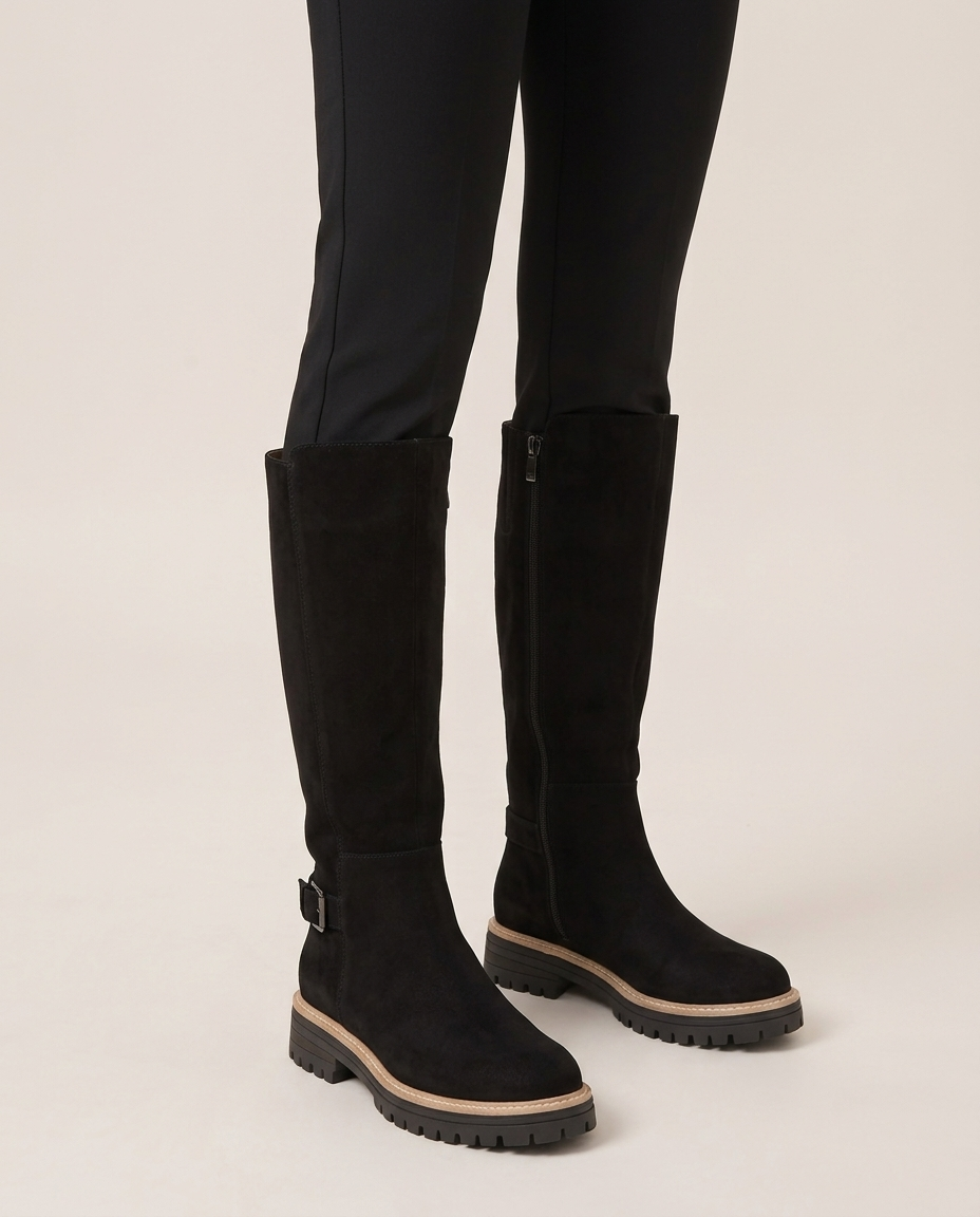 Flat Knee-High Suede-Look Boots with Lug Sole - angled view