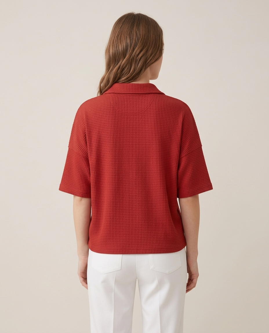 Waffle Knit Polo Top with Button Placket - back view