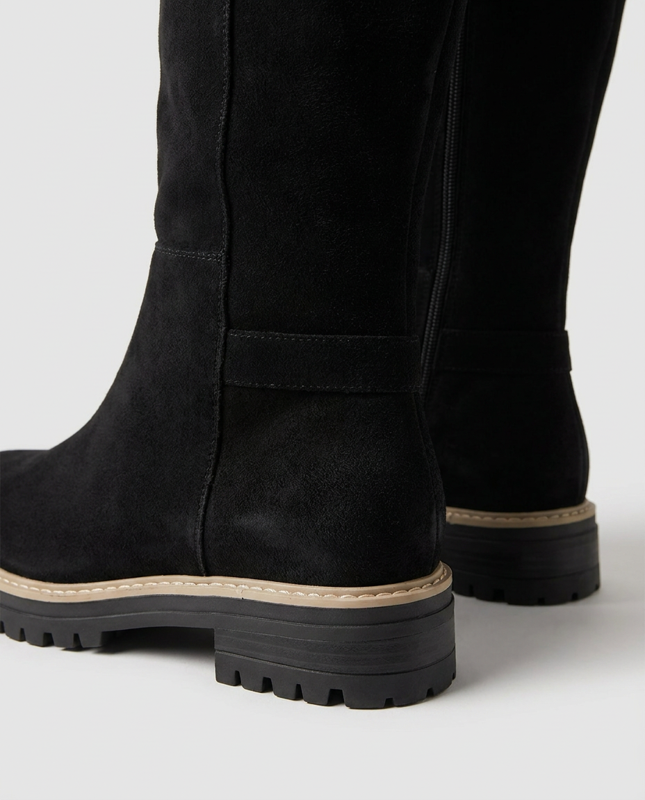Flat Knee-High Suede-Look Boots with Lug Sole - close-up of the material and detail